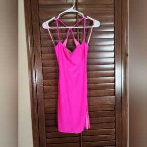 La Femme Pink Slip Dress Cowl Neck Mini